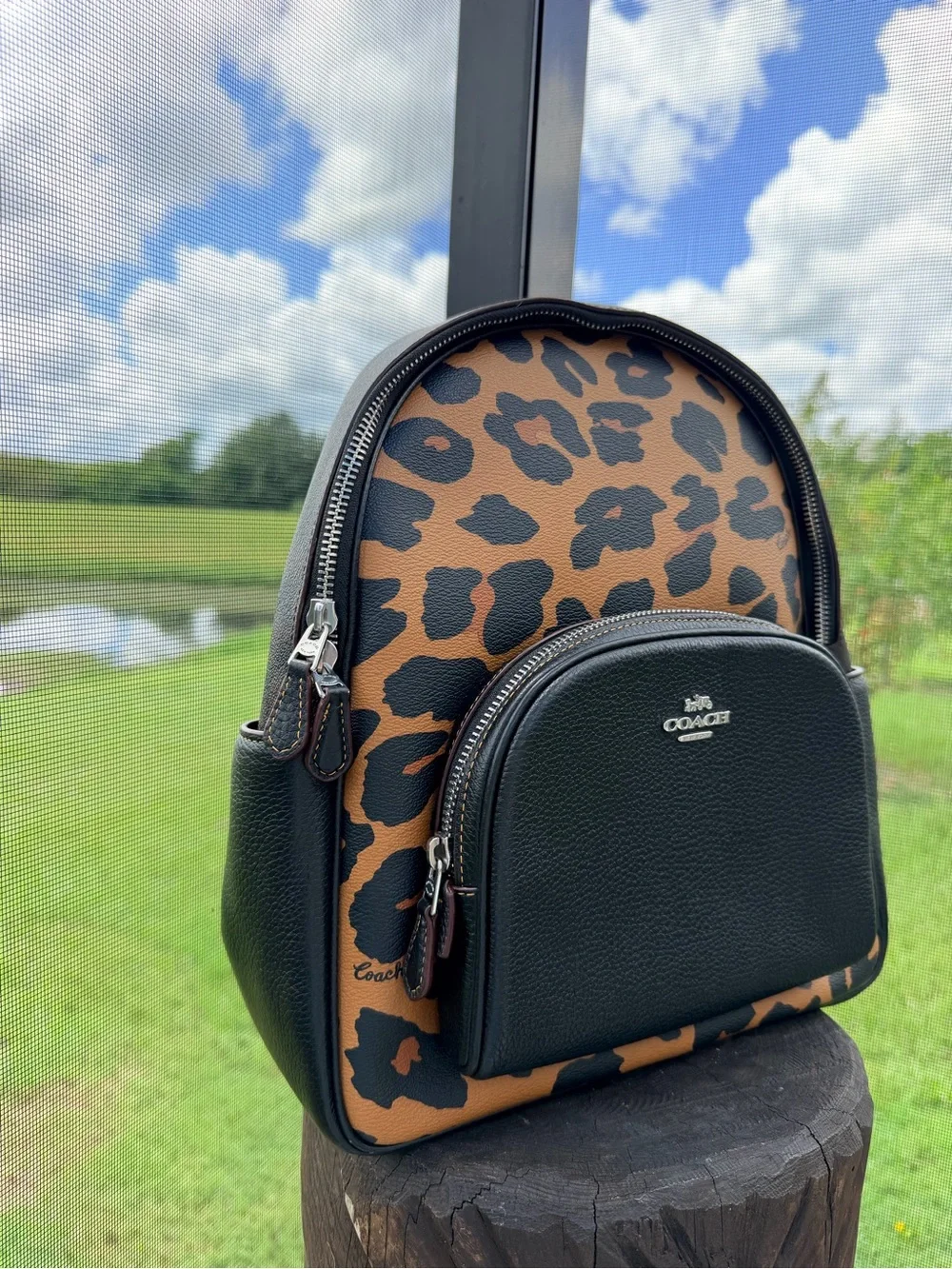Coach Leopard Print Backpack Black Pebbled Leather Animal Print Rare